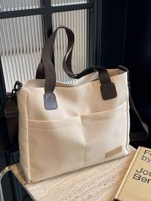 MOBAOFANG 1 Peça Bolsa Grande em Nylon com Capacidade de Ombro na cor Bege, neutra e com vários bolsos, usada como Bolsa Transversal, estilo Retro e Casual, adequada para o cotidiano, trabalho e compras. - Bege - Visão 4
