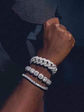 LIGHTSOME 3PCS Sparkling Rhinestone  Chain Bracelet Unisex Hip Hop Iced Out Thick Chain Bracelet Jewelry