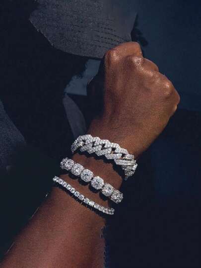 LIGHTSOME 3入組閃爍鑲嵌水晶鍊式手鍊，男女通用嘻哈風格厚實鍊式手鍊珠寶