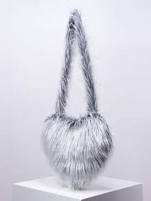 Y2K 千禧年风格糖果色毛绒斜挎包，适合女孩，蓬松纯色蓬松女士单肩包，可爱迷人的心形女士钱包，非常适合日常、约会、度假和旅行，新款毛皮钱包 - 黑色 - 查看 2