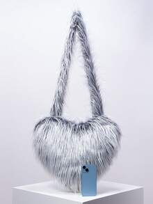 Y2K 千禧年风格糖果色毛绒斜挎包，适合女孩，蓬松纯色蓬松女士单肩包，可爱迷人的心形女士钱包，非常适合日常、约会、度假和旅行，新款毛皮钱包 - 黑色 - 查看 3