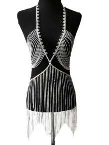 一件优雅水晶蕾丝边连衣裙，性感身体链，长款指环，女士比基尼饰品 - 水鑽蕾絲邊緣 - 查看 6