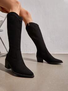 Knee High Boots Women, Pull On Zipper Chunky Heel Pointed Toe Western Cowgirl Cowboy Boots - 黑色/麂皮 - 查看 1