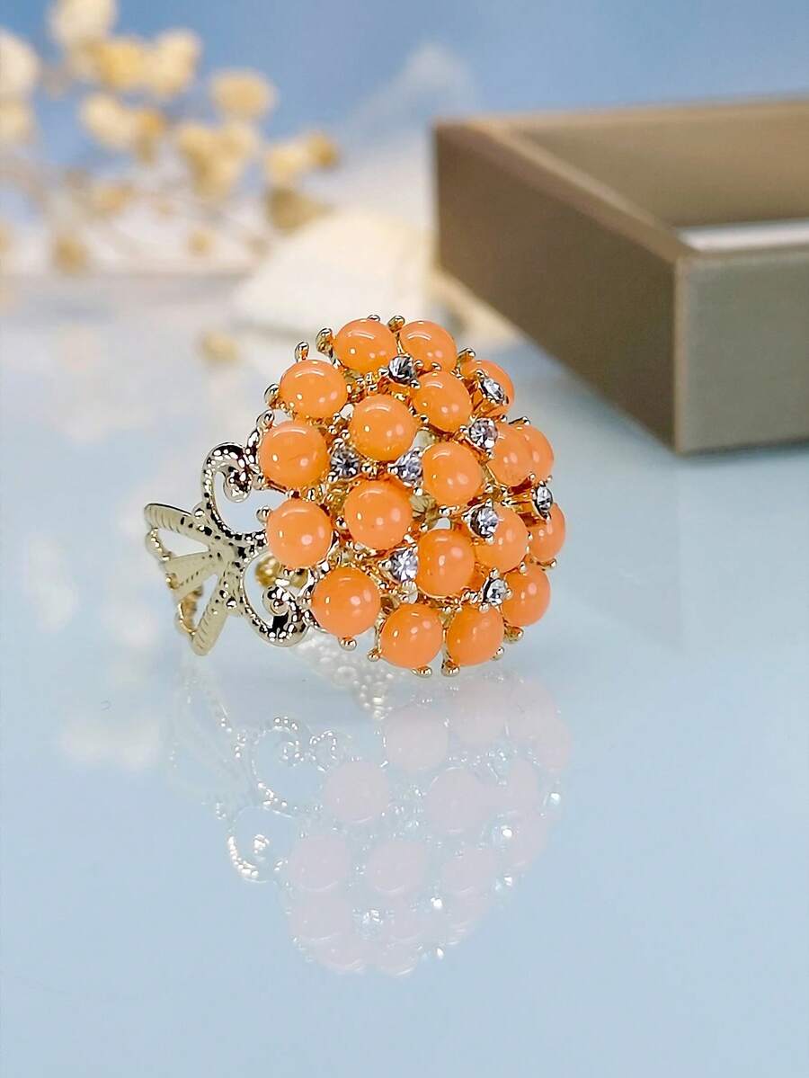 1入時尚橙色花卉閃亮鋯石女士戒指（適合女性休閒禮物和日常佩戴） - 款式1 - 查看 1