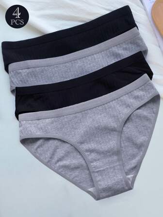 4pcs Women's Solid Black/Multi-Color Underwear, Comfortable And Breathable, Everyday Mid-Rise Panties With Wide Waistband Design