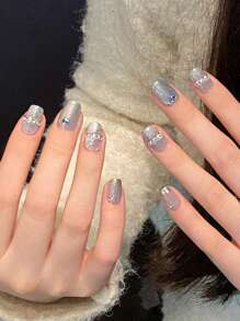 10 件短棺材形状冰镜蓝色玻璃珠极光猫眼极简爆炸美甲套装，日常佩戴和约会按压指甲美甲用品指甲 - 彩色 - 查看 4