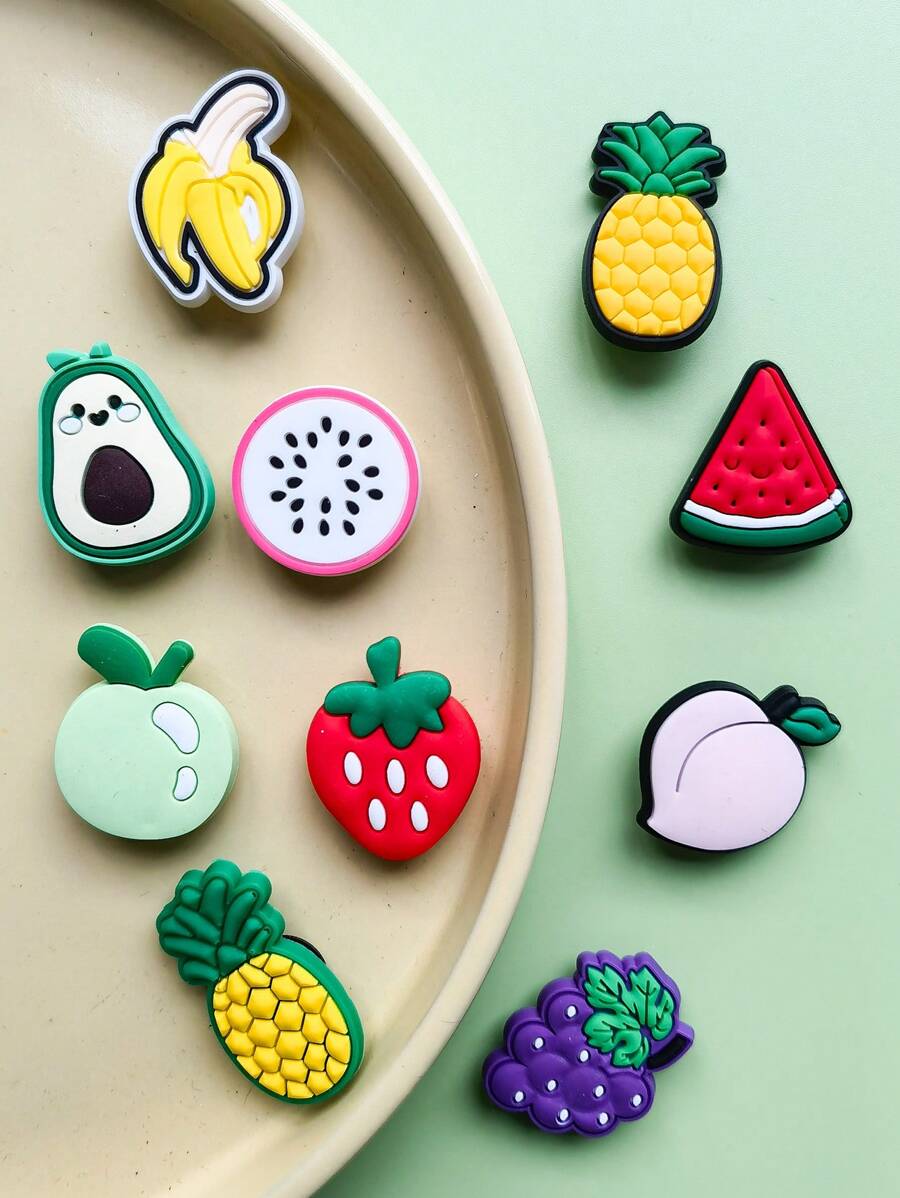 10 PCS Fruit Series, Avocado, Strawberry, Grape, Pineapple, Dragon Fruit, Banana, Watermelon, Peach Shoe Decoration Charms ForClogs  Bubble Slides Sandals, Pvc ShoeDecorations, Beach Bag Accessories, Gift Ldea For BirthdayChristmas Valentine's Day Halloween, Party Favors