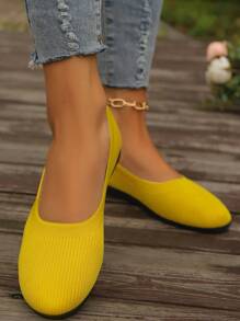 Zapatos amarillos tejidos de mujer sin cordones para la oficina y ocasiones casuales, tacón de cuña bajo y puntiagudo redondo plano, zapatos versátiles para cualquier temporada. - Amarillo - Ver 5