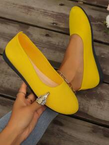 Zapatos amarillos tejidos de mujer sin cordones para la oficina y ocasiones casuales, tacón de cuña bajo y puntiagudo redondo plano, zapatos versátiles para cualquier temporada. - Amarillo - Ver 3