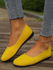 Zapatos amarillos tejidos de mujer sin cordones para la oficina y ocasiones casuales, tacón de cuña bajo y puntiagudo redondo plano, zapatos versátiles para cualquier temporada. - Amarillo - Ver 6