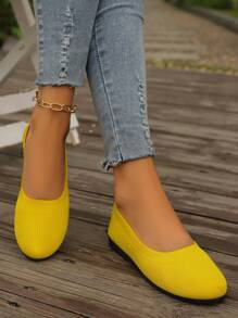 Zapatos amarillos tejidos de mujer sin cordones para la oficina y ocasiones casuales, tacón de cuña bajo y puntiagudo redondo plano, zapatos versátiles para cualquier temporada. - Amarillo - Ver 4