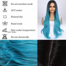 Peluca sintética de 26 pulgadas para fiesta con cabello azul aguamarina degradado, ondulado, con raya al medio, elegante, romántica y sencilla para uso diario, fiestas, vacaciones, Navidad, Halloween u ocasiones especiales. Resistente al calor. - Azul degradado - Ver 9