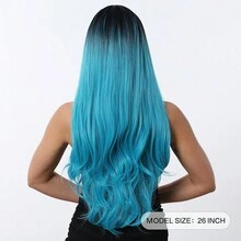 Peluca sintética de 26 pulgadas para fiesta con cabello azul aguamarina degradado, ondulado, con raya al medio, elegante, romántica y sencilla para uso diario, fiestas, vacaciones, Navidad, Halloween u ocasiones especiales. Resistente al calor. - Azul degradado - Ver 7