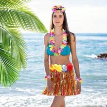 Gonna d'erba hawaiana e ghirlande hawaiane, Braccialetto, Fascia e Collana hawaiana, Costumi di gonne Luau di Hawaii, Vestito elegante, Per donne e adulti per la decorazione estiva delle feste tropicali sulla spiaggia - Multicolore - Visualizzare 2
