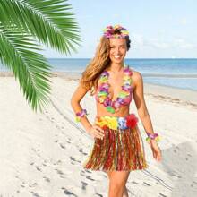 Gonna d'erba hawaiana e ghirlande hawaiane, Braccialetto, Fascia e Collana hawaiana, Costumi di gonne Luau di Hawaii, Vestito elegante, Per donne e adulti per la decorazione estiva delle feste tropicali sulla spiaggia - Multicolore - Visualizzare 3