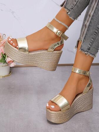 2024 New Women's Wedge Heeled Sandals With Chunky Bottom, Peep Toe, Ankle Strap Buckle High Heels