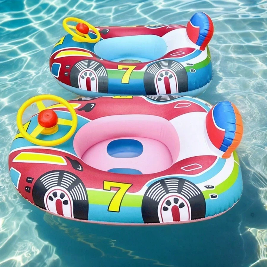 Swimming Pool Float, Cute Car Design Inflatable Summer Beach Floatie Boat Swim Tube Ring With Handles Seat Pool Lake Air Bed Floating Mattress Raft Lounge