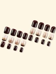 24入組中號歐式咖啡金箔法式假指甲+1入組果凍膠+1入組美甲磨沙板，膠貼式假指甲美甲用品 - 彩色 - 查看 3