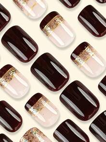24入組中號歐式咖啡金箔法式假指甲+1入組果凍膠+1入組美甲磨沙板，膠貼式假指甲美甲用品 - 彩色 - 查看 2