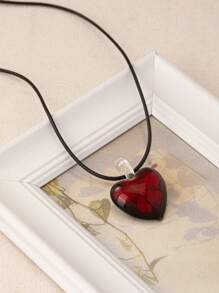 1pc Vintage Bohemian Style Red Glass Heart Pendant On Black Adjustable Leather Cord Necklace, Valentine's Gift Valentines,Mom,Mother,Mother's Day,Gift
