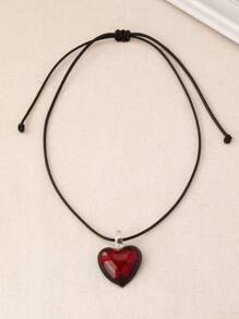1pc Vintage Bohemian Style Red Glass Heart Pendant On Black Adjustable Leather Cord Necklace, Valentine's Gift Valentines,Mom,Mother,Mother's Day,Gift