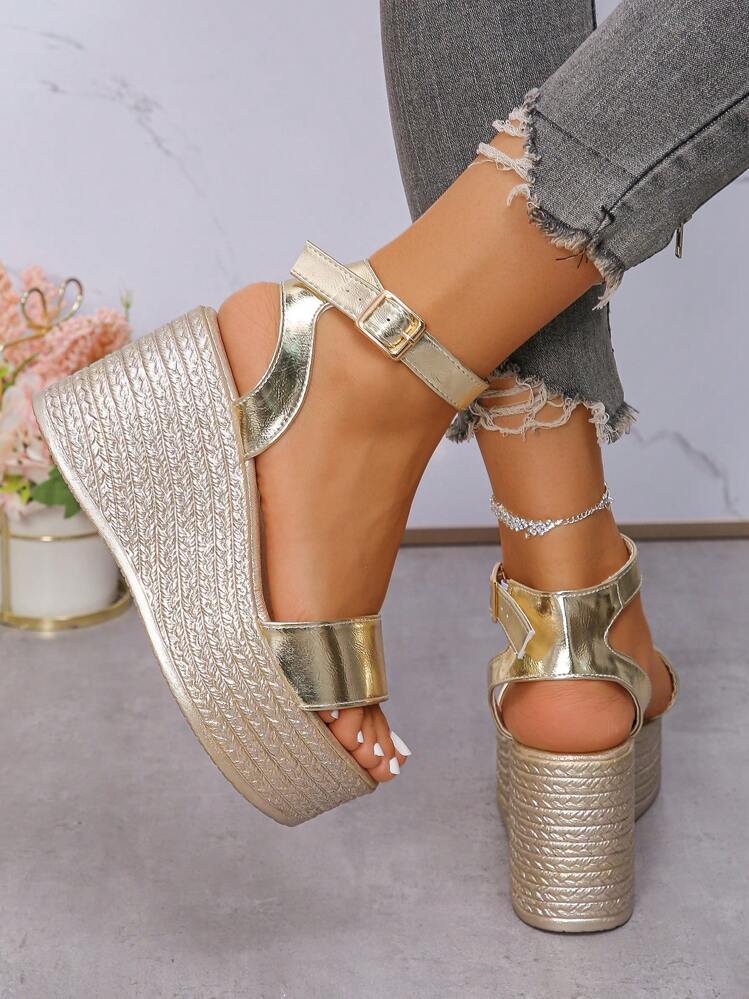 2024 New Women's Wedge Heeled Sandals With Chunky Bottom, Peep Toe, Ankle Strap Buckle High Heels - Gold - View 5