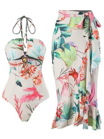 2pcs Set New Fashion Minimalist Women One-Piece Swimwear