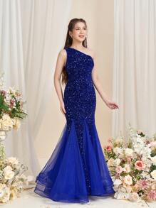 Teen Girl One Shoulder Sleeveless Sequin Mermaid Prom Dress - Royal Blue - View 5