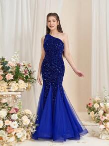 Teen Girl One Shoulder Sleeveless Sequin Mermaid Prom Dress - Royal Blue - View 6