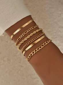 6條/套歐美風格多層金屬刀片鏈手鍊,波西米亞時尚分層手鍊 - 金色 - 查看 1