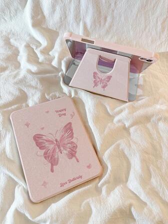 1入款漂亮粉色蝴蝶雙面繪製720度旋轉搖晃支架亞克力透明水晶背蓋平板電腦保護殼，帶筆筒，防震，支持睡眠 / 喚醒功能，與華為iPad小米三星兼容