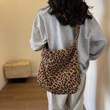 新款时尚豹纹手提包，大容量单肩包和斜挎包，女士休闲手提包，适合工作、通勤和购物，女士帆布手提包，潮流豹纹包 - 棕色 - 查看 10