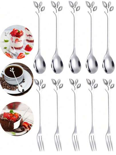 10 件不锈钢银叶叉勺、咖啡搅拌勺、甜点勺、水果叉、甜点叉、酸奶早餐勺、创意叶勺、茶匙、沙拉叉、冰淇淋勺、厨房配件、婚礼派对用品、小号浓缩咖啡叉（5 把叉子 +5 把勺子）、厨房、圣诞礼物、学校用品