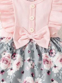 Vestido veraniego para bebé niña con parche floral dulce impreso y ribete de volantes y decoración de lazo, sin mangas - Rosa - Ver 4