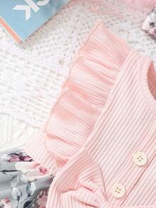 Vestido veraniego para bebé niña con parche floral dulce impreso y ribete de volantes y decoración de lazo, sin mangas - Rosa - Ver 5