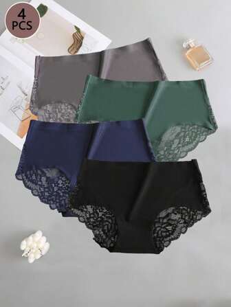4pcs Comfortable Seamless Contrast Lace Brief