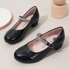 Girls' Sparkly Rhinestone Black & White Leather Dress Shoes For Parties & Performances, Low Heel - Black - View 1