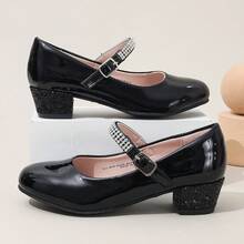 Girls' Sparkly Rhinestone Black & White Leather Dress Shoes For Parties & Performances, Low Heel - Black - View 2