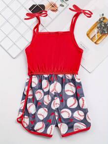 Young Girl Stretchy Splicing Letter Print Baseball Graphic Cami Jumpsuit Romper Summer Sports Gift Party