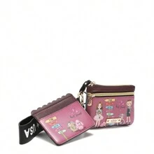 Nikky By Nicole Lee 2 Piece Lanyard Set: Card Case And Pouch, Women's Small PU Leather Wallet, Includes Card Case, Pouch With Main Zipper Closure And Optional Wristlet, Mauve/Brown, Fashion Best Friends Prints, Dog, Flowers