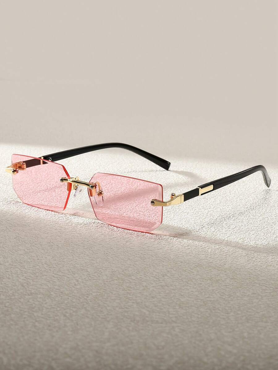 一副黑色极简无框Y2K风格时尚眼镜，时尚沙滩驾驶眼镜，沙滩配饰，街头风，适合搭配毛衣、夹克、连帽衫、皮裤和工装裤，Y2K风格，适合夏季海滩度假、户外活动和旅行。 - 粉色 - 查看 1