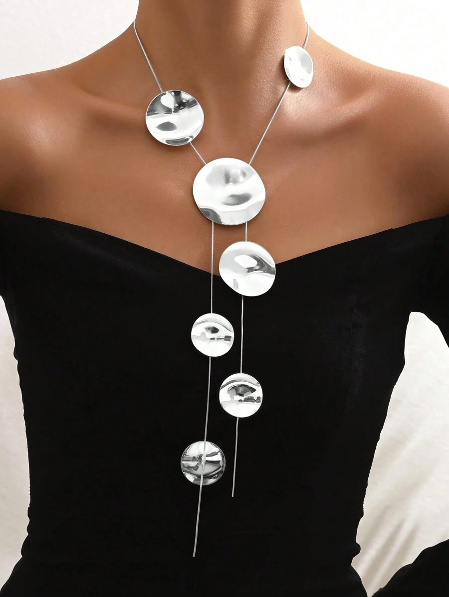 1pc Fashionable New Geometric Round Asymmetrical European And American Style Versatile Necklace - Silver - View 1