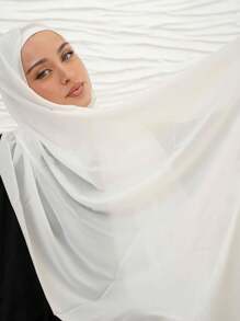 1pc Ladies Solid Color Abaya Accessories Soft Chiffon Faux Pearl Hijab Scarf Suitable For Daily Wear And Conservative Head-Covering In Style Headband Veiled Clothes,Beach,Holiday,Travel Essential - White - View 4