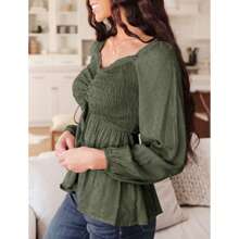 Womens V Neck Smocked Peplum Tops Balloon Long Sleeve Swiss Dot Ruched Blouses - 軍綠色 - 查看 4