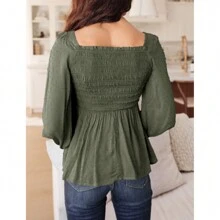 Womens V Neck Smocked Peplum Tops Balloon Long Sleeve Swiss Dot Ruched Blouses - 軍綠色 - 查看 6