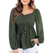 Womens V Neck Smocked Peplum Tops Balloon Long Sleeve Swiss Dot Ruched Blouses - 軍綠色 - 查看 1