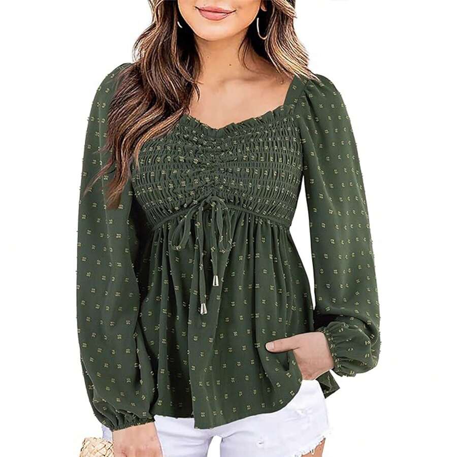 Womens V Neck Smocked Peplum Tops Balloon Long Sleeve Swiss Dot Ruched Blouses - 軍綠色 - 查看 1