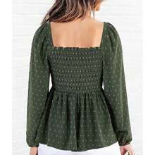 Womens V Neck Smocked Peplum Tops Balloon Long Sleeve Swiss Dot Ruched Blouses - 軍綠色 - 查看 2