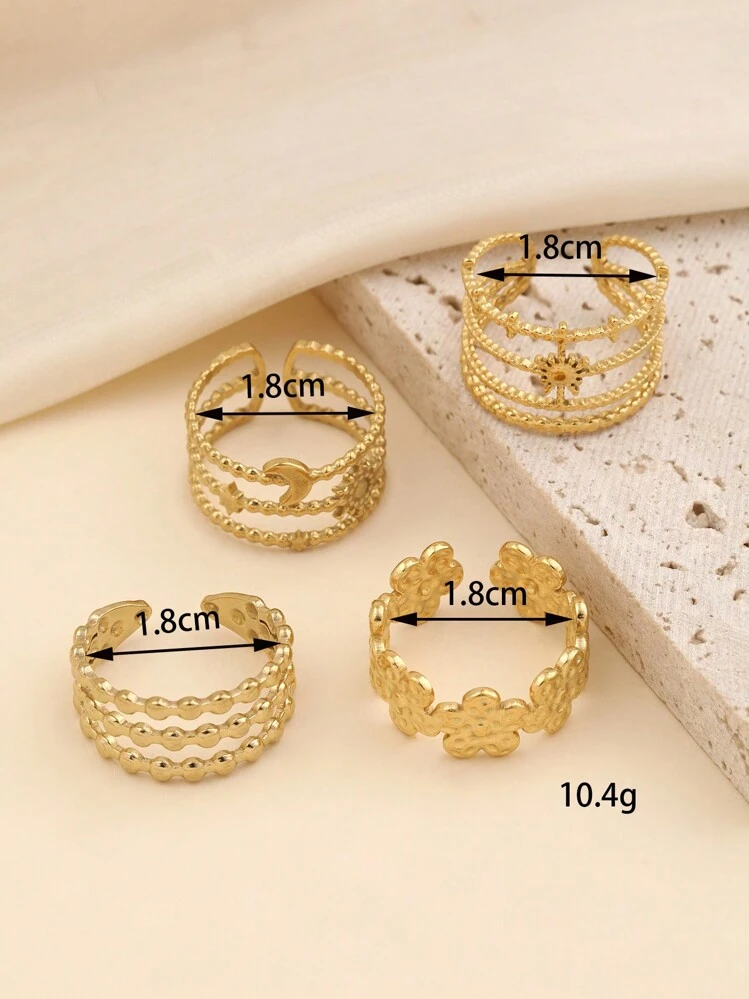 4pcs Stainless Steel Gold-Color Star & Moon Knuckle Rings Set, Suitable For Daily Wear Or Gift For Friends - Yellow Gold - View 3