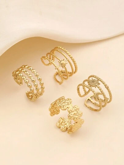 4 قطع من خواتم الأصابع المصنوعة من الفولاذ المقاوم للصدأ باللون الذهبي على شكل نجوم وأقمار، مناسبة للارتداء اليومي أو كهدية للأصدقاء